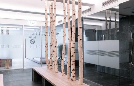 Eingangsbereich der Sauna im Hotel „Villa Postilion“. Boden und Wände bestehen aus dunklen großen Fließen. Die Möbel sind in hellen Holz gehalten. Zwei Sitzbänke sind enthalten, Die Lehnen aus Baumstämmen bestehen, die vom Boden bis zur Decke reichen.